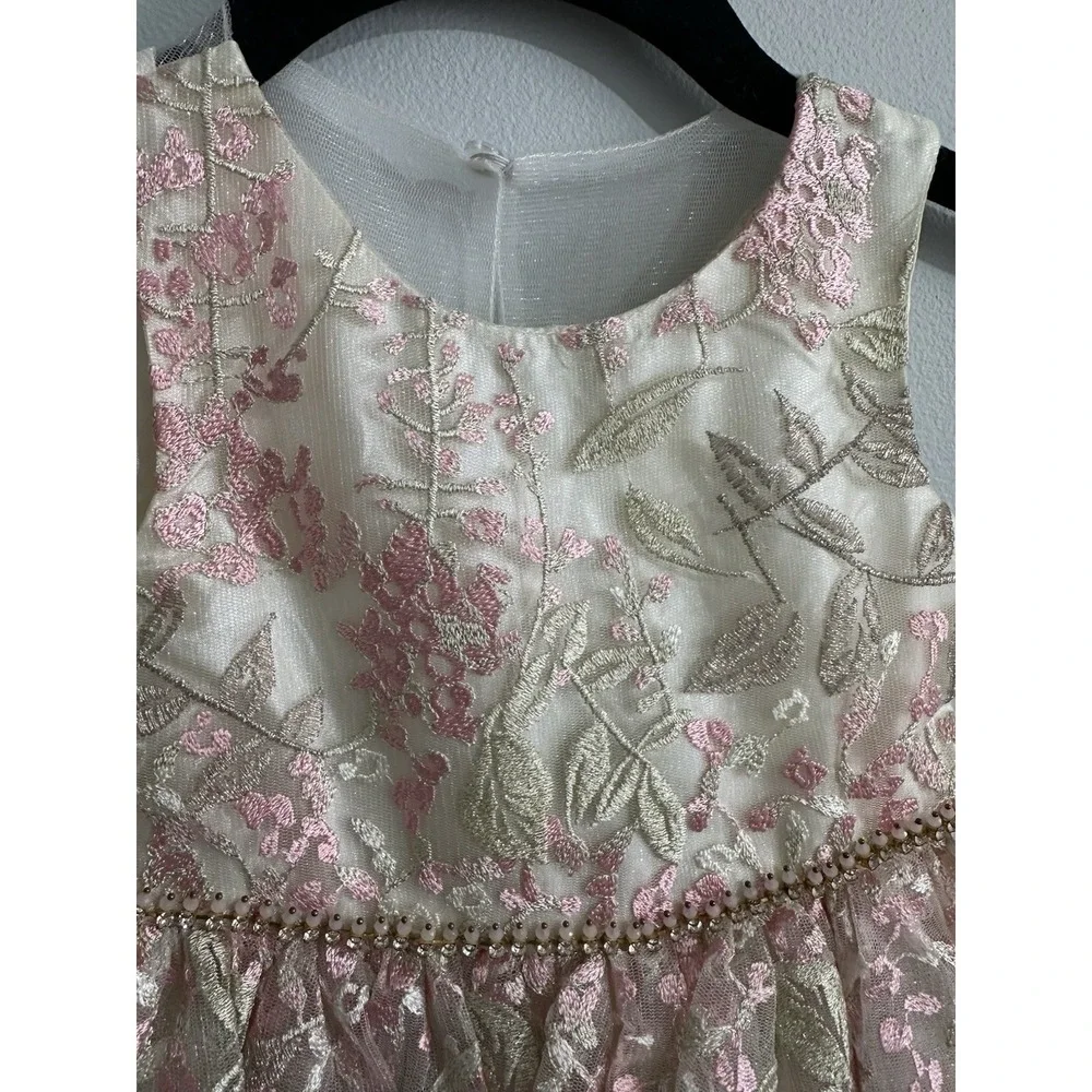 Rare Editions Girls 2T Floral Embroidered Party Dress Wedding Pink Cream Gold